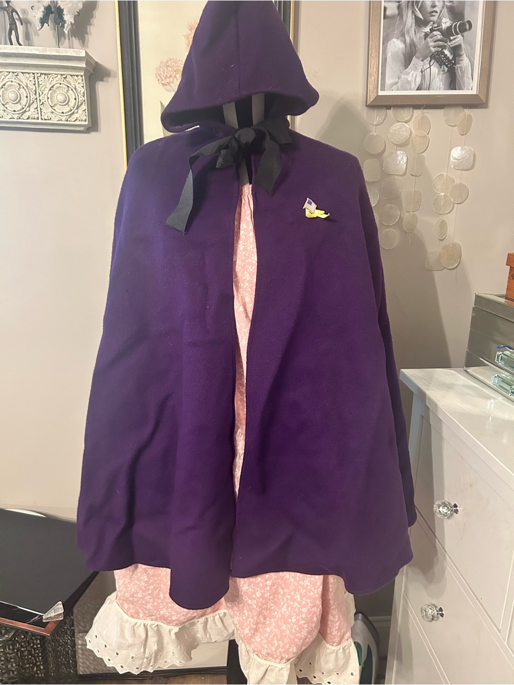 Antique colonial Purple Hooded Cape with Black Ribbon Tie